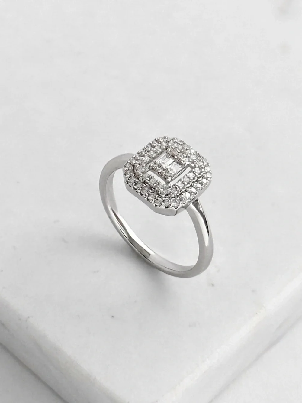 Platinum Plated Emerald Shape Double Halo Baguette CZ Ring | Silver Tone Luxury